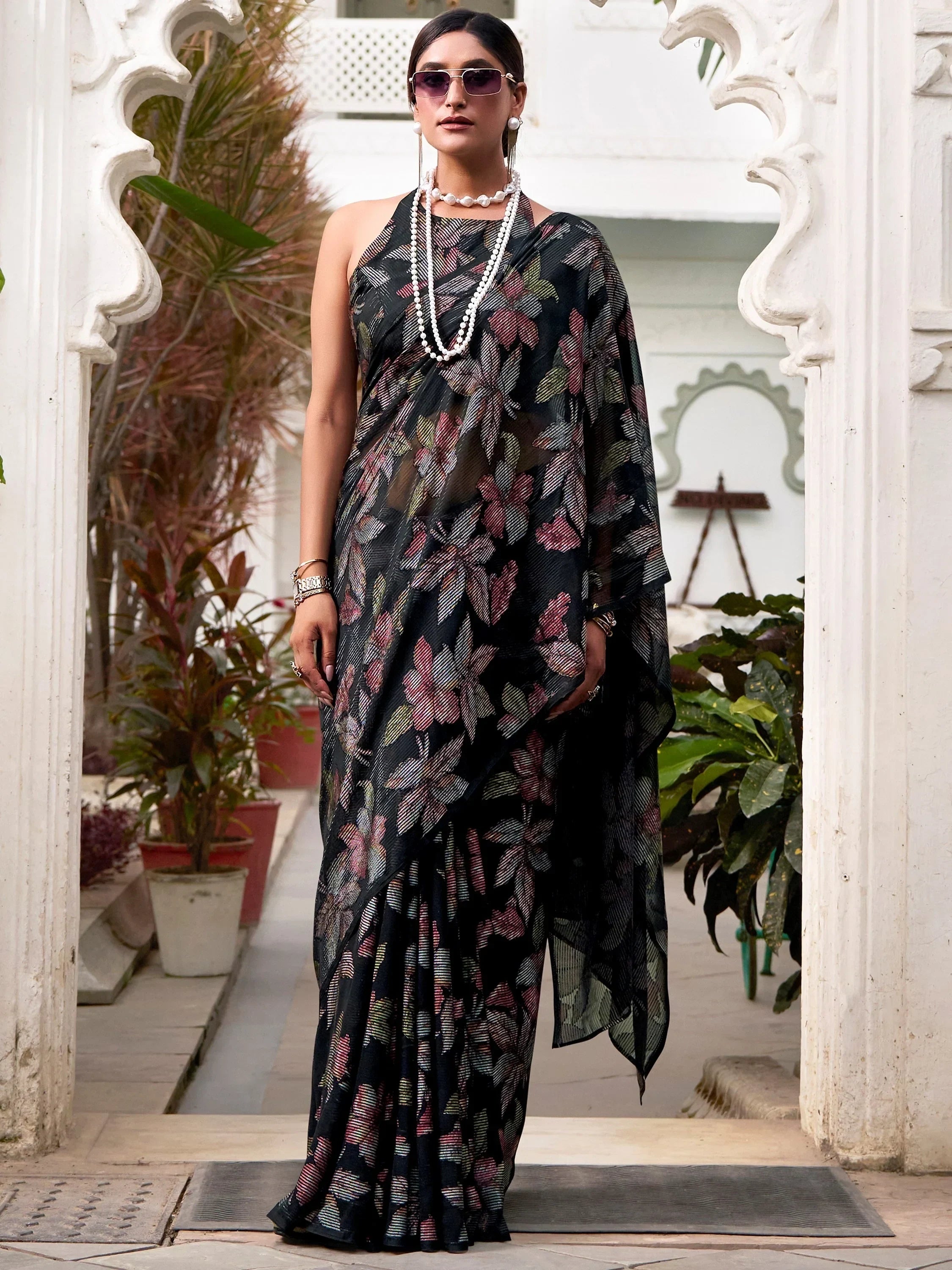 Attractive Black Floral Brasso Casual Wear Saree With Blouse