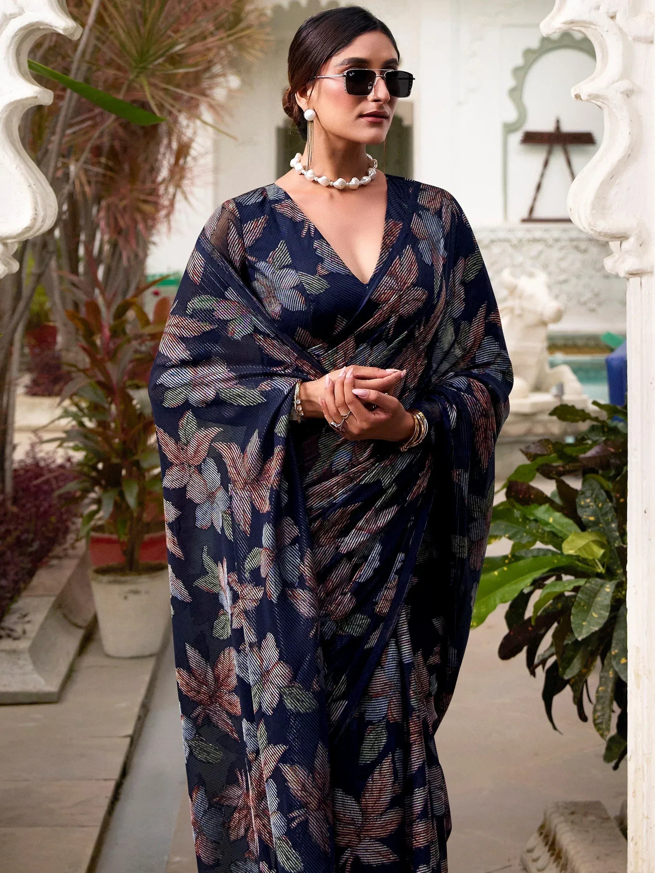 Awesome Navy Blue Floral Brasso Party Wear Saree With Blouse