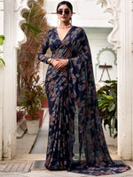 Awesome Navy Blue Floral Brasso Party Wear Saree With Blouse
