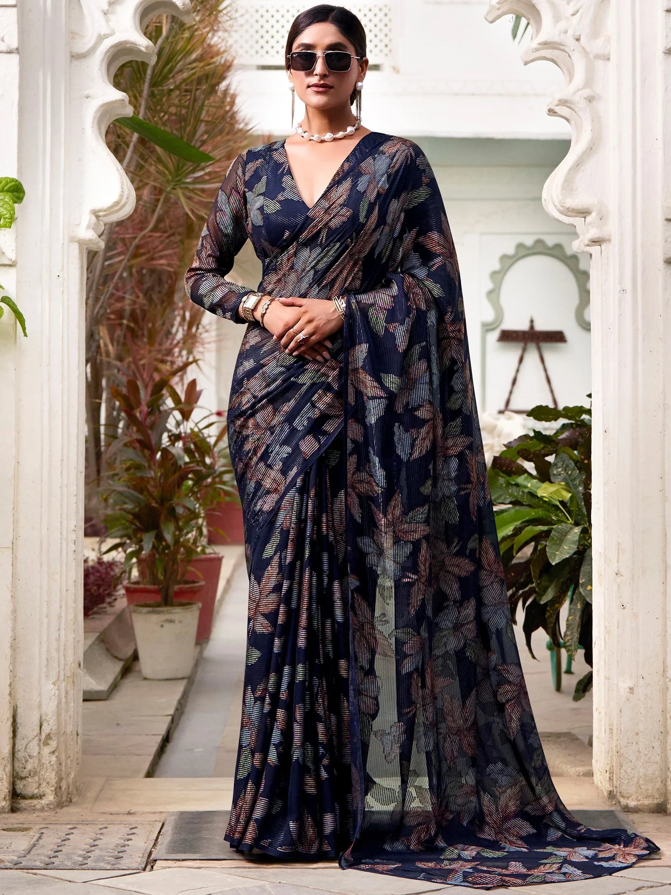 Awesome Navy Blue Floral Brasso Party Wear Saree With Blouse