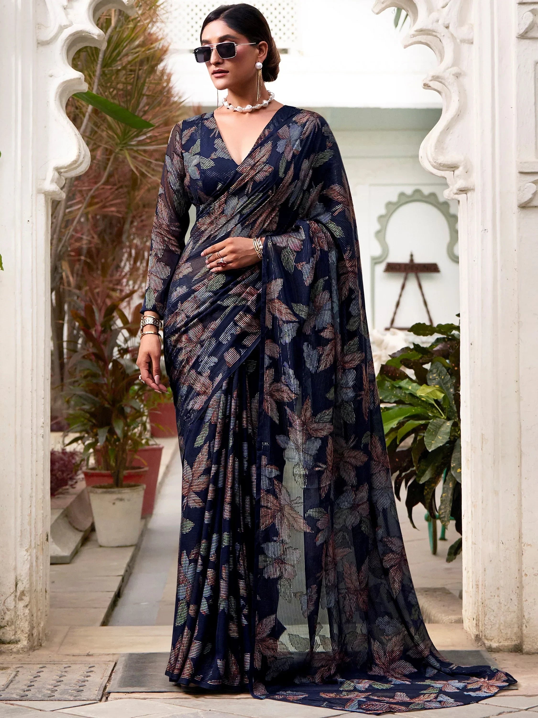 Awesome Navy Blue Floral Brasso Party Wear Saree With Blouse