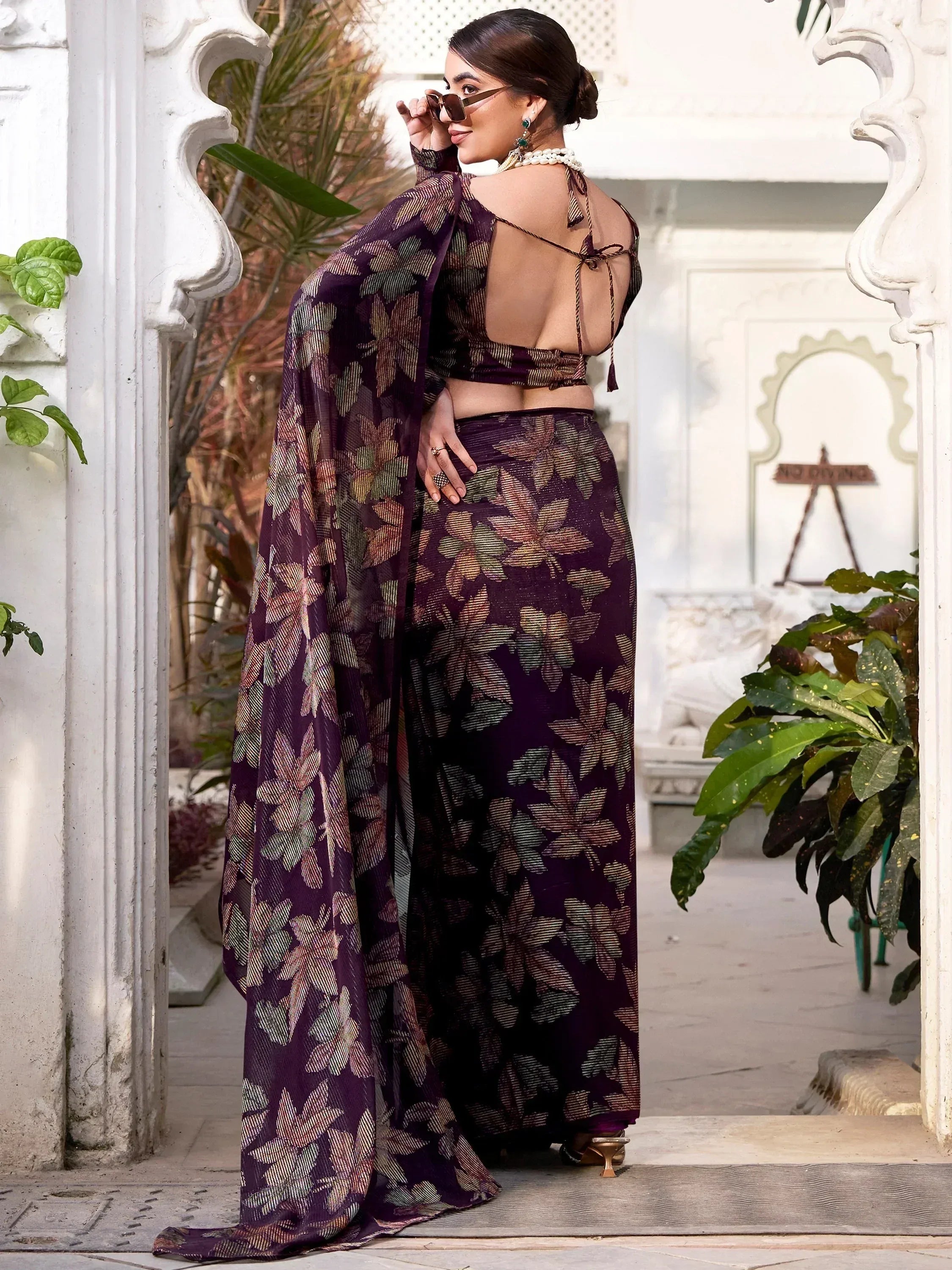 Glamorous Wine Floral Brasso Casual Wear Saree With Blouse