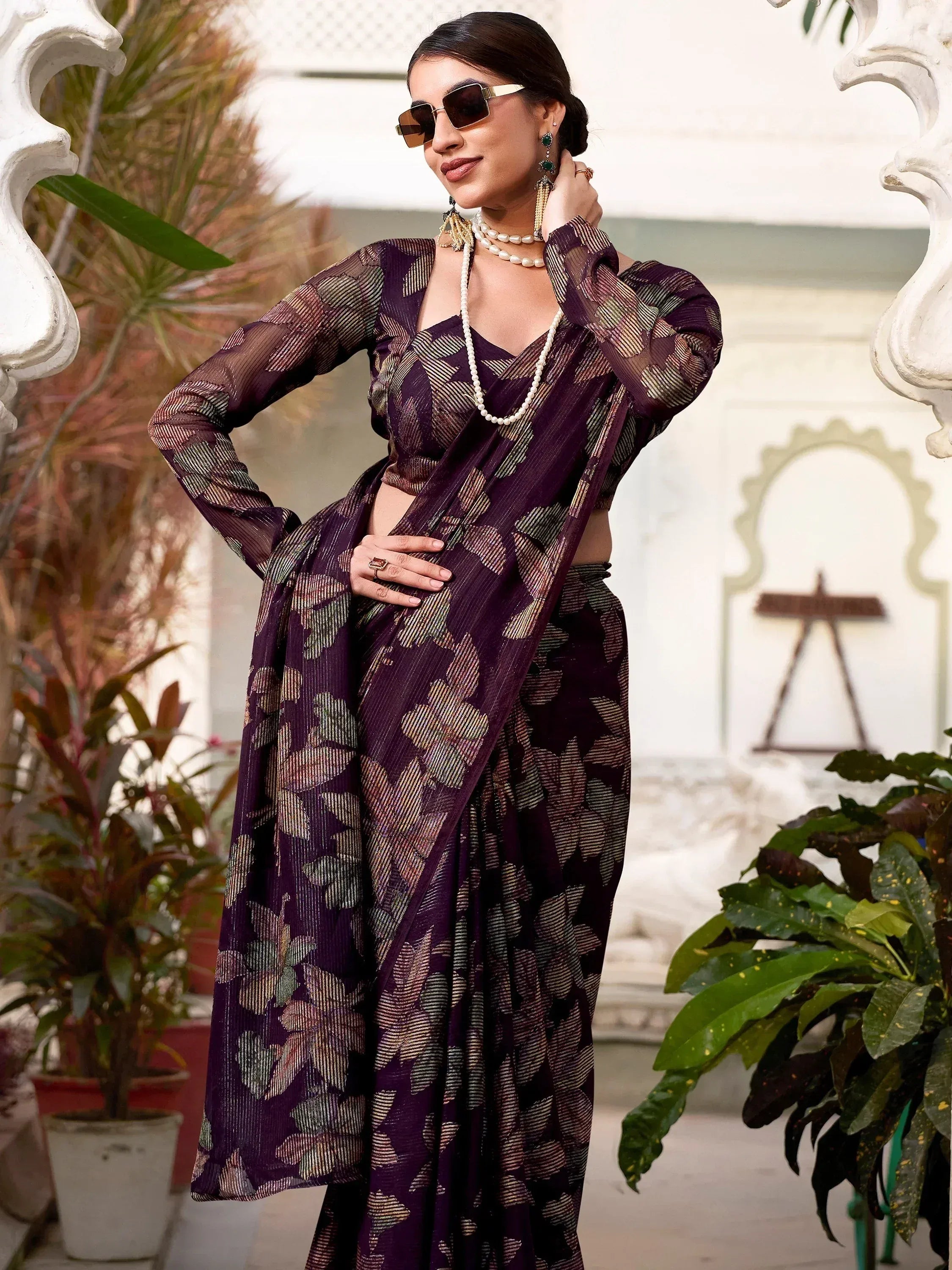 Glamorous Wine Floral Brasso Casual Wear Saree With Blouse