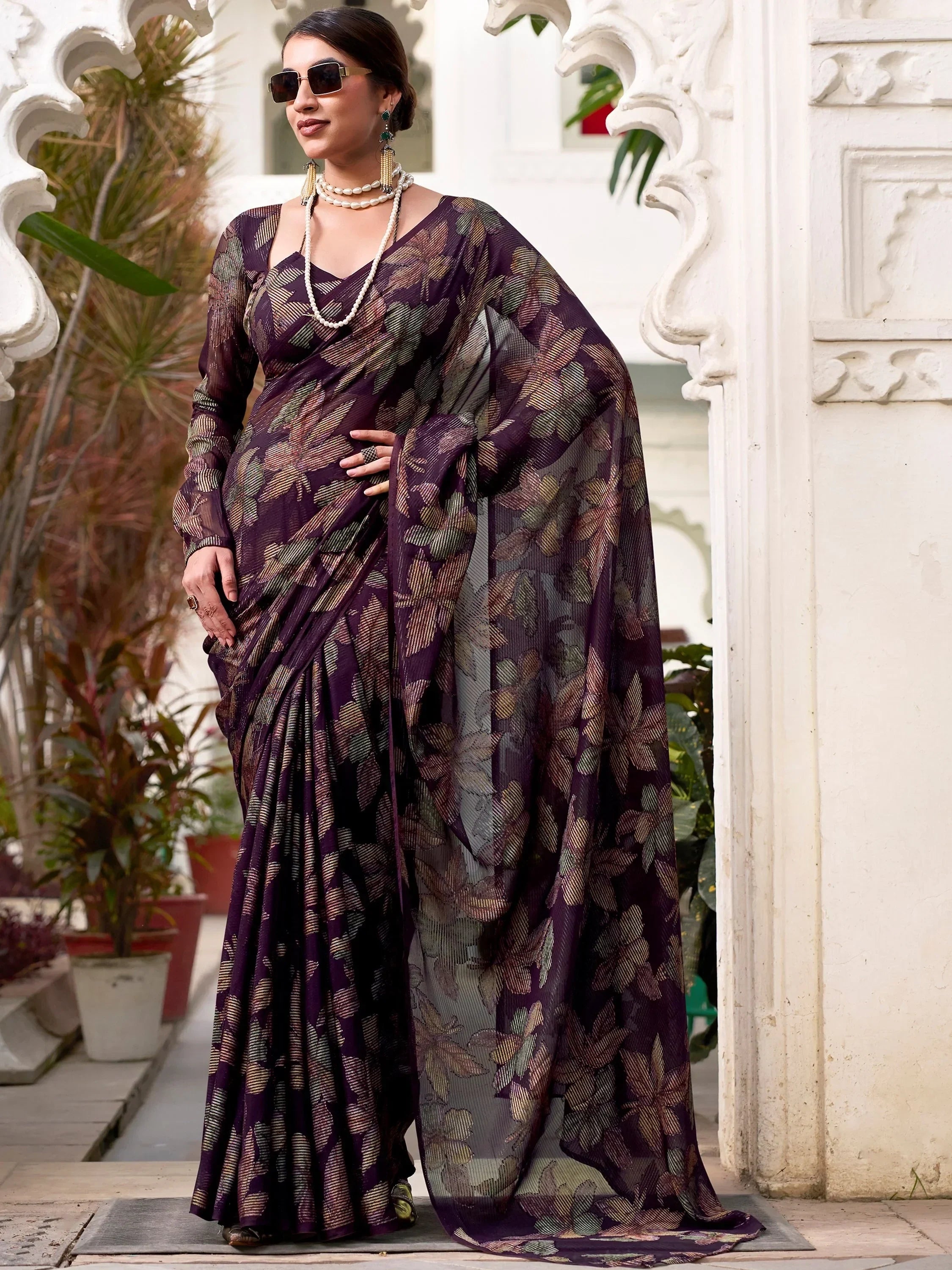 Glamorous Wine Floral Brasso Casual Wear Saree With Blouse