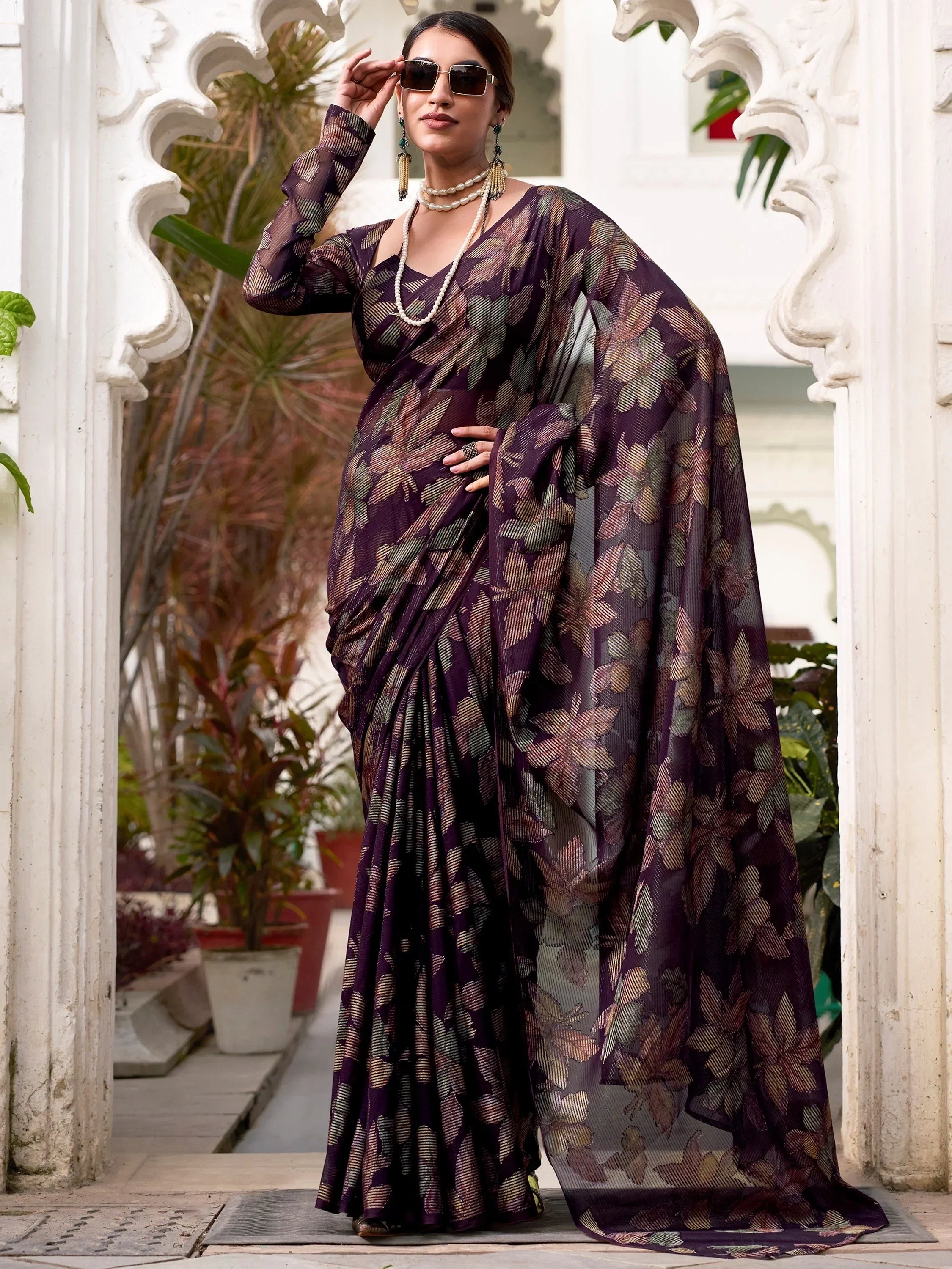 Glamorous Wine Floral Brasso Casual Wear Saree With Blouse