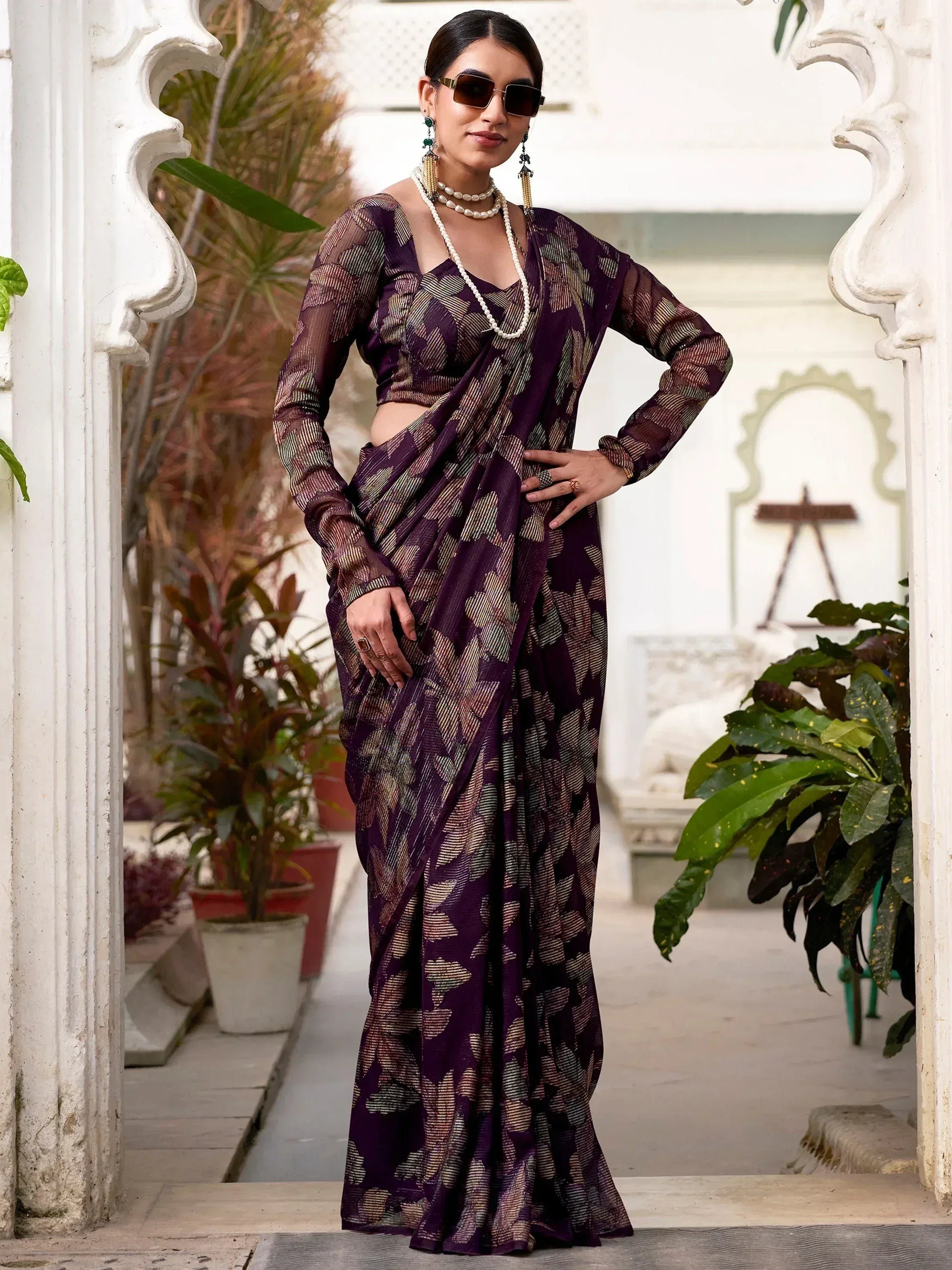 Glamorous Wine Floral Brasso Casual Wear Saree With Blouse