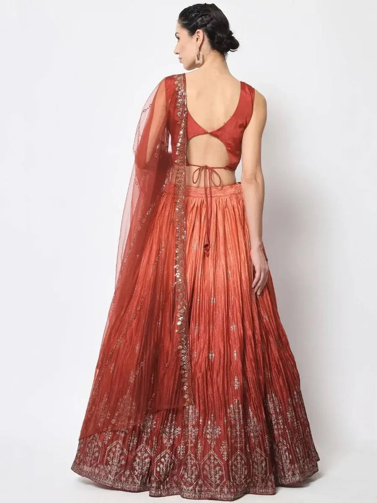 Dazzling Rustic Orange Foil Printed Silk Festive Wear Lehenga choli
