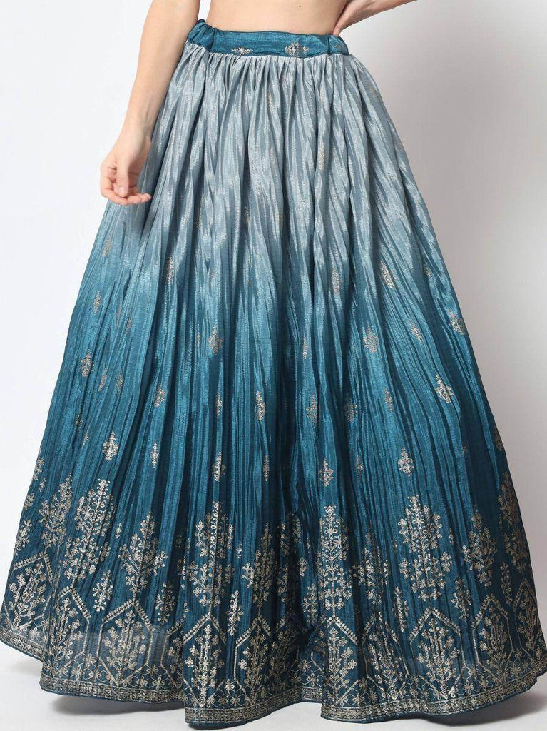 Trendy Teal Blue Foil Printed Silk Lehenga Choli with Shrug
