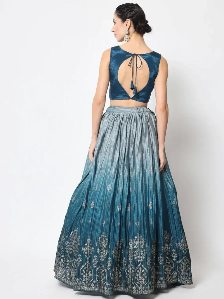 Trendy Teal Blue Foil Printed Silk Lehenga Choli with Shrug