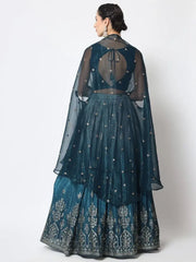 Trendy Teal Blue Foil Printed Silk Lehenga Choli with Shrug