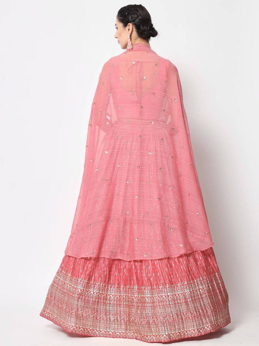 Pink embroidered lehenga choli with sheer cape, ethnic Indian wear for women