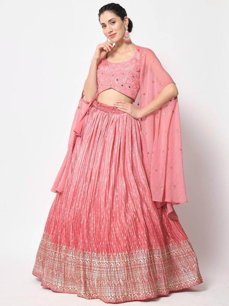 Charming Pink Foil Printed Silk Lehenga Choli with Shrug