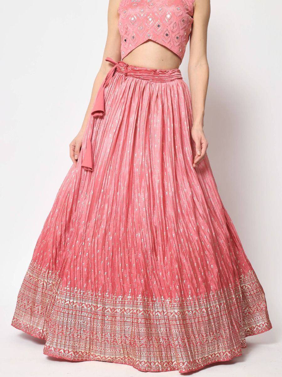 Pink embroidered lehenga choli with pleated skirt and mirror work, perfect for ethnic occasions