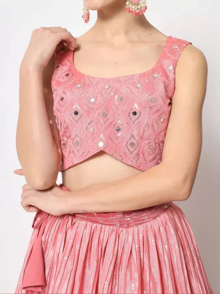 Pink mirror-work lehenga choli top with peacock motifs, ethnic Indian wear