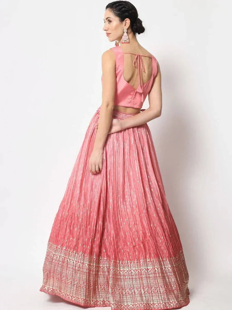 Pink designer lehenga choli with back tie blouse and embroidered skirt, ethnic wear for women