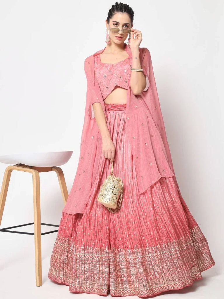Charming Pink Foil Printed Silk Lehenga Choli with Shrug
