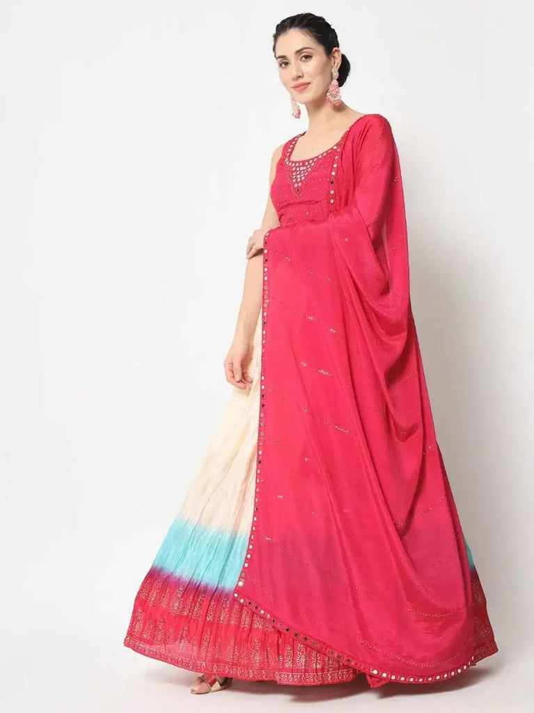 Flossy Beige-Color Foil Printed Silk Party Wear Lehenga Choli