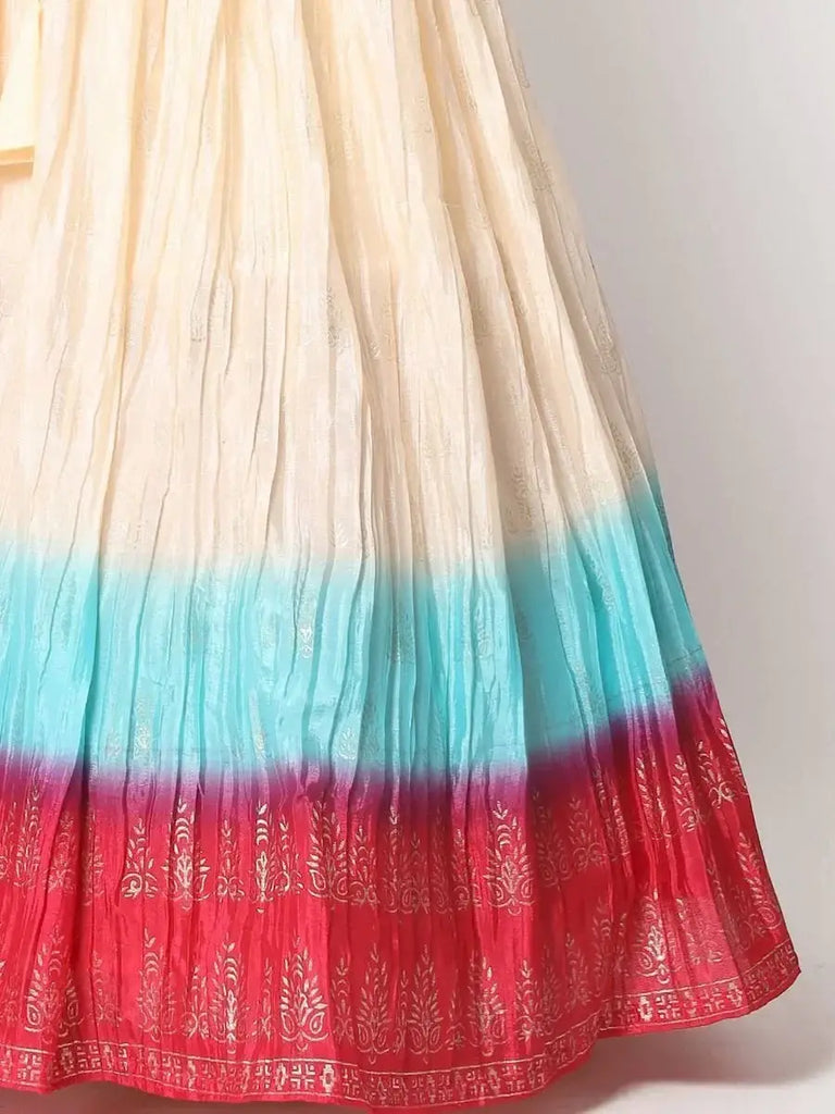 Flossy Beige-Color Foil Printed Silk Party Wear Lehenga Choli