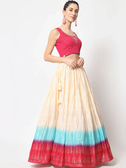 Flossy Beige-Color Foil Printed Silk Party Wear Lehenga Choli