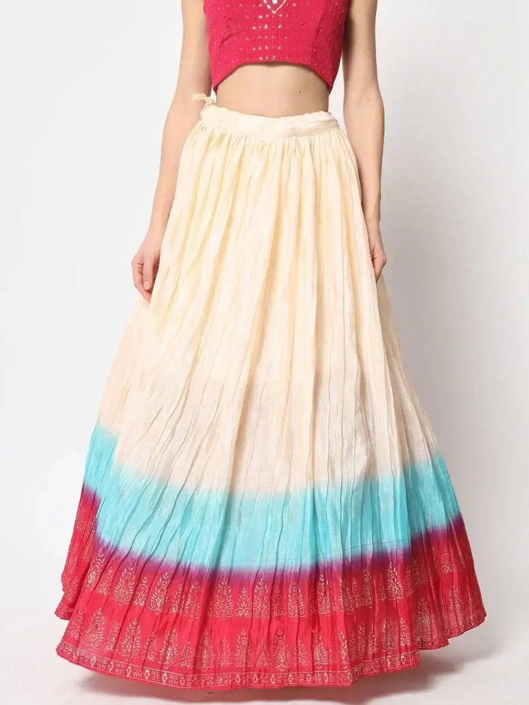 Flossy Beige-Color Foil Printed Silk Party Wear Lehenga Choli