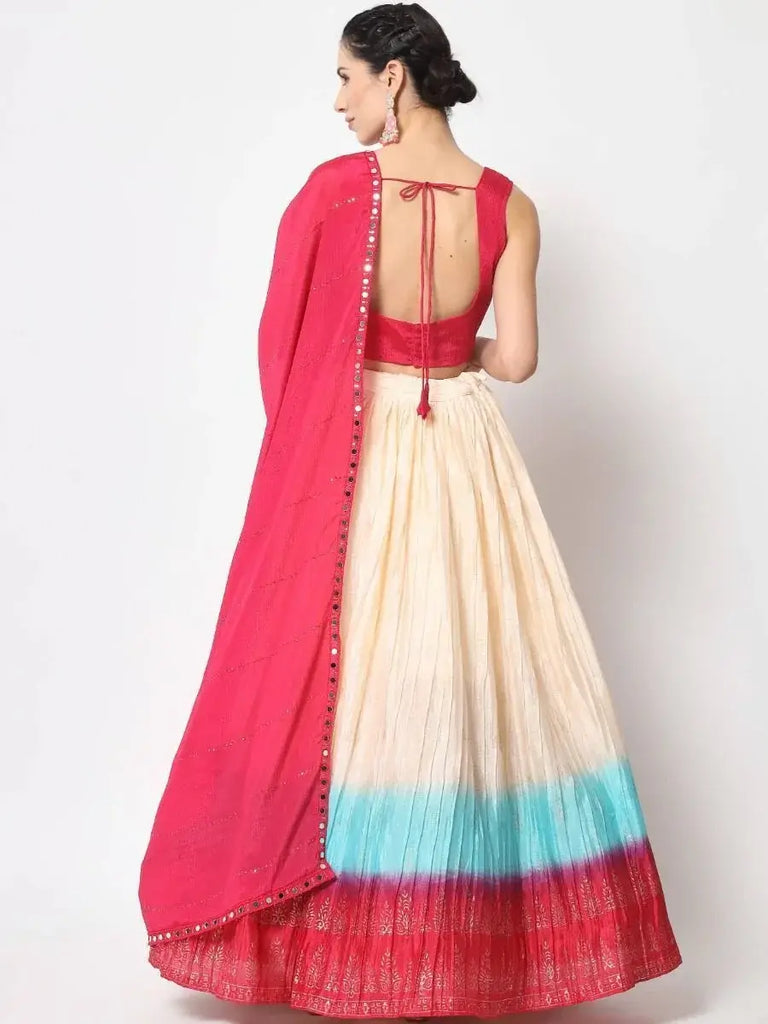 Flossy Beige-Color Foil Printed Silk Party Wear Lehenga Choli