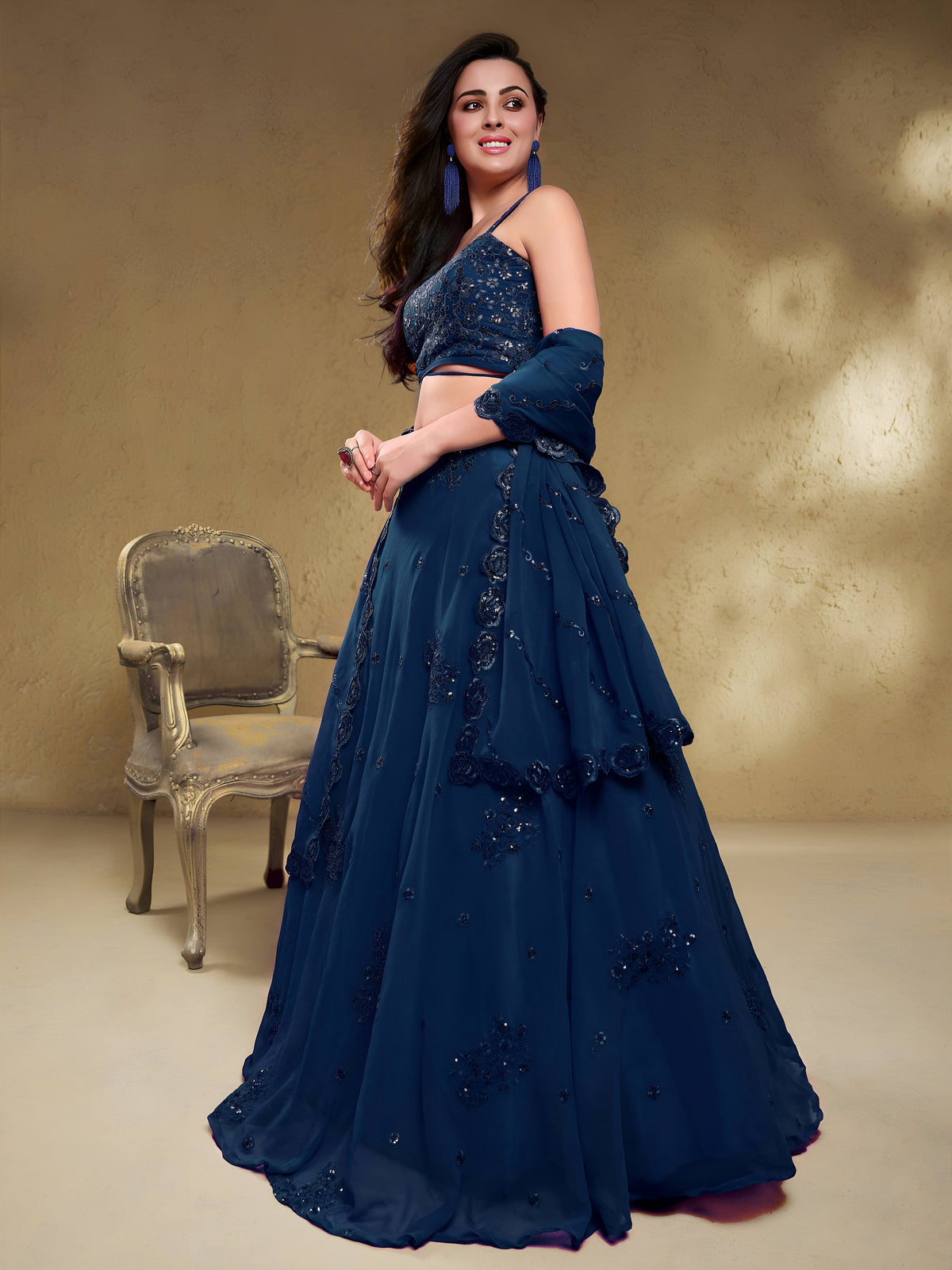 Beautiful Navy Blue Sequins Georgette Reception Wear Lehenga Choli