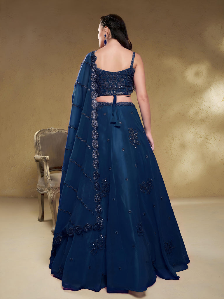 Beautiful Navy Blue Sequins Georgette Reception Wear Lehenga Choli
