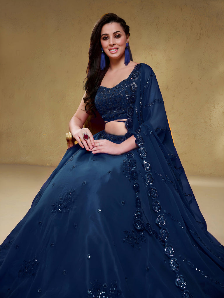 Beautiful Navy Blue Sequins Georgette Reception Wear Lehenga Choli
