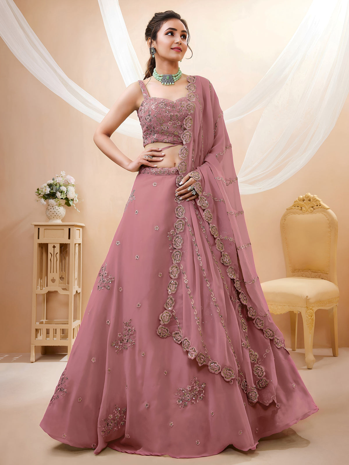 Attractive Dusty Pink Sequins Georgette Party Wear Lehenga Choli