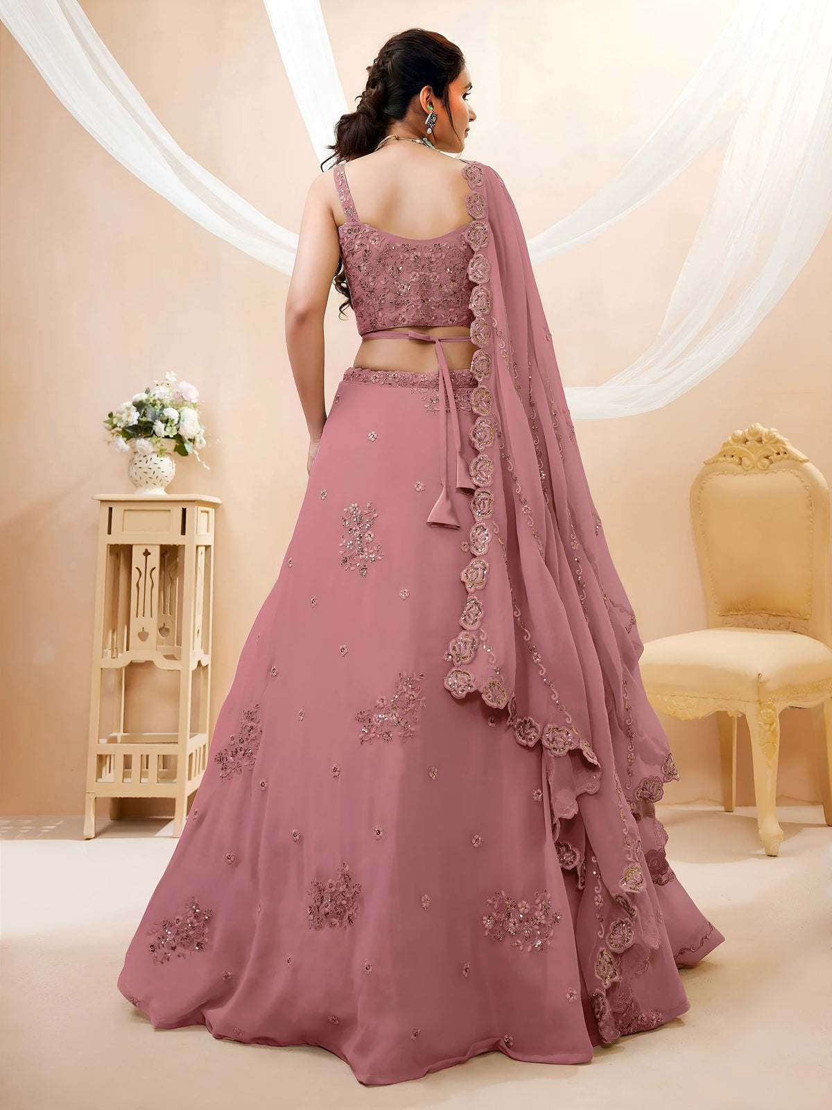 Amazing Pink Sequins Georgette Wedding Wear Plus Size Lehenga Choli