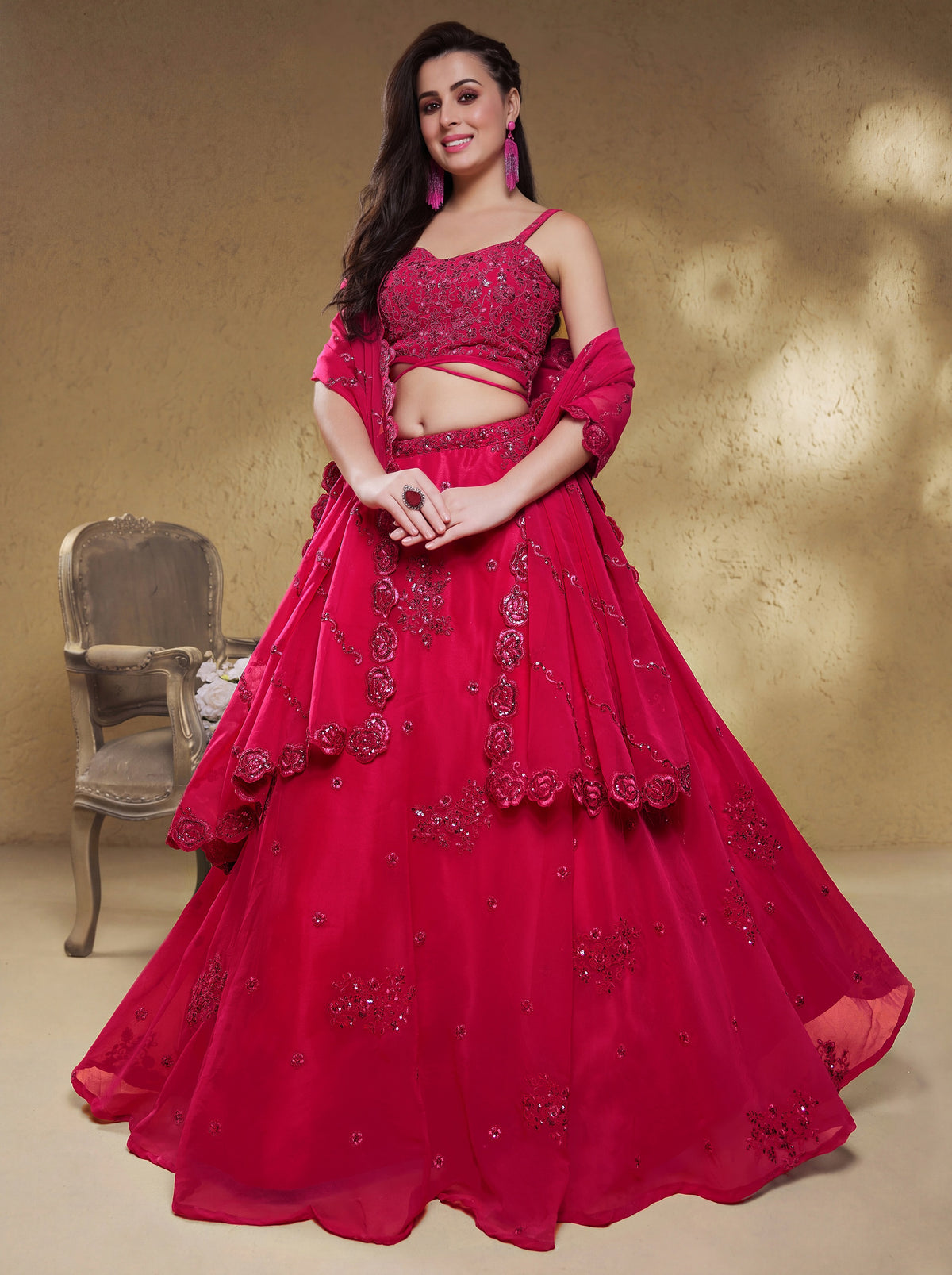 Stunning Pink Sequins Georgette Engagement Wear Lehenga Choli