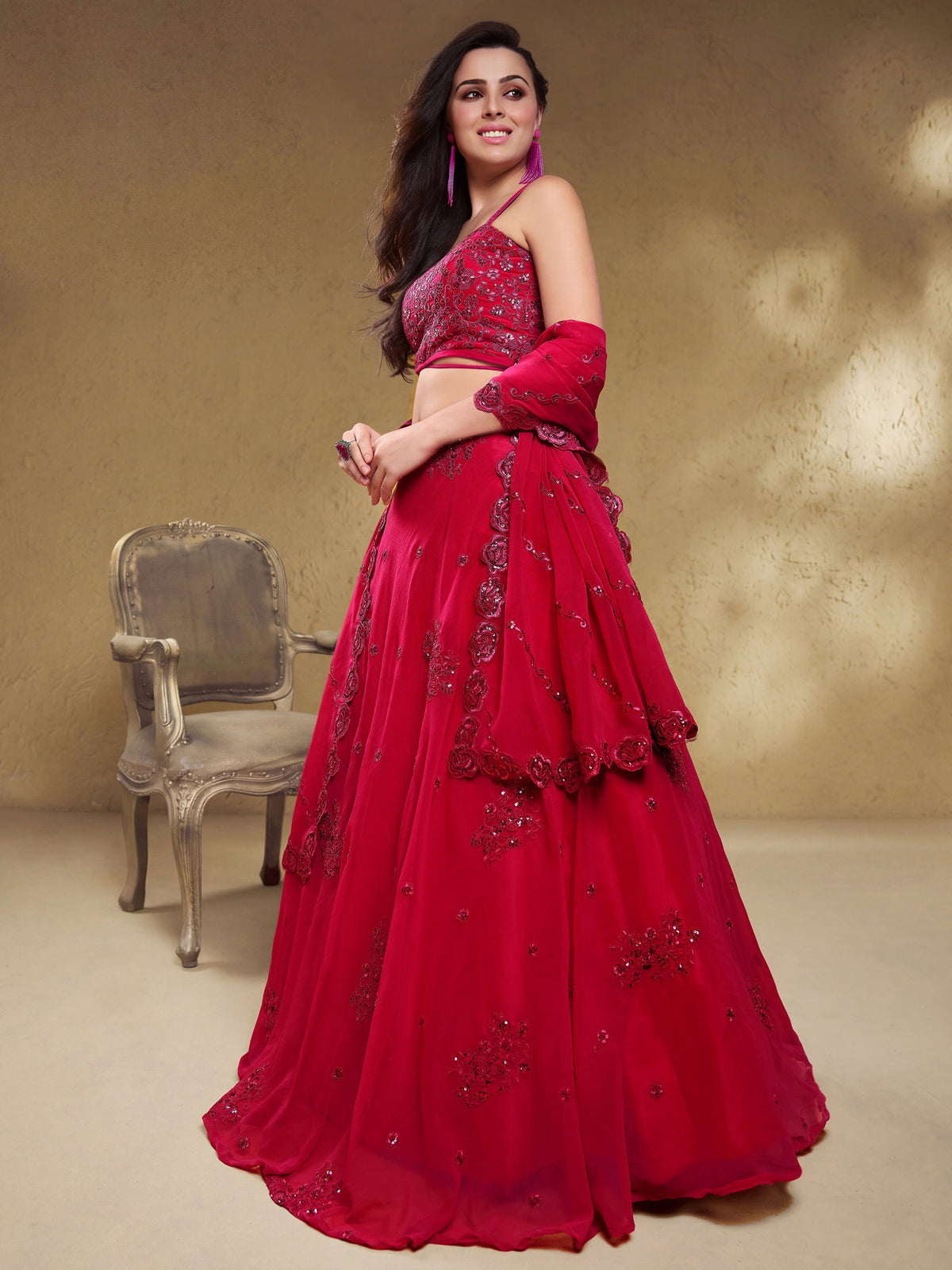 Stunning Pink Sequins Georgette Engagement Wear Lehenga Choli