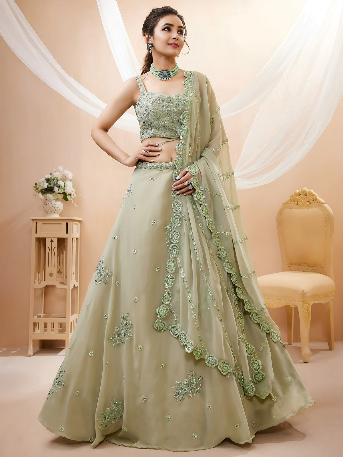 Gorgeous Green Sequins Georgette Festive Wear Plus Size Lehenga Choli