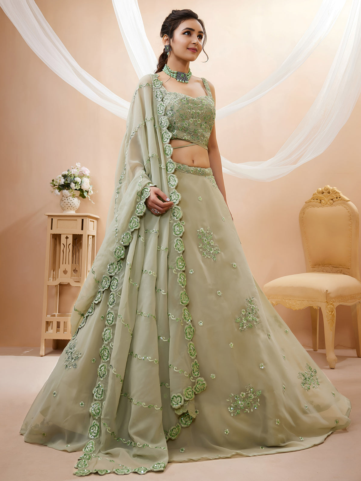 Pretty Pista Green Sequins Georgette Engagement Wear Lehenga Choli