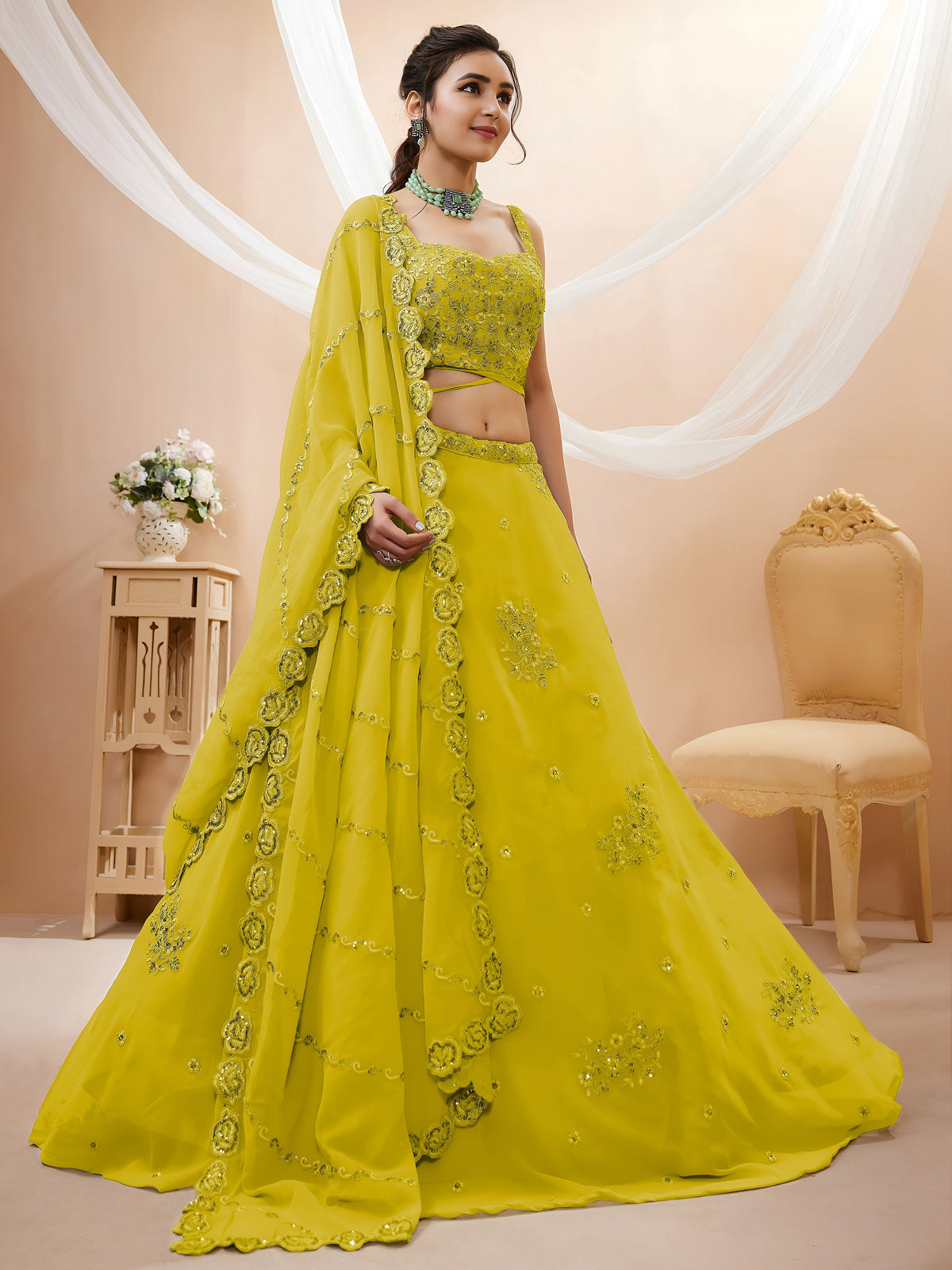 Adorable Neon Yellow Sequins Georgette Wedding Wear Lehenga Choli