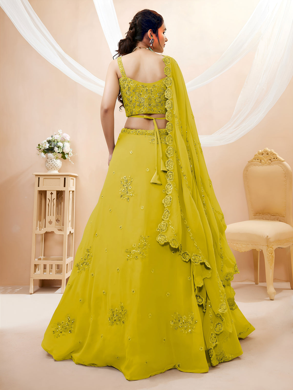 Adorable Neon Yellow Sequins Georgette Wedding Wear Lehenga Choli
