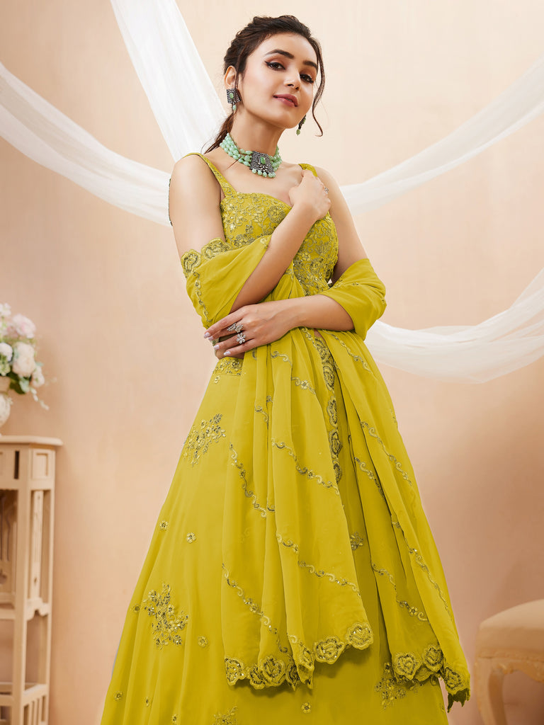 Adorable Neon Yellow Sequins Georgette Wedding Wear Lehenga Choli
