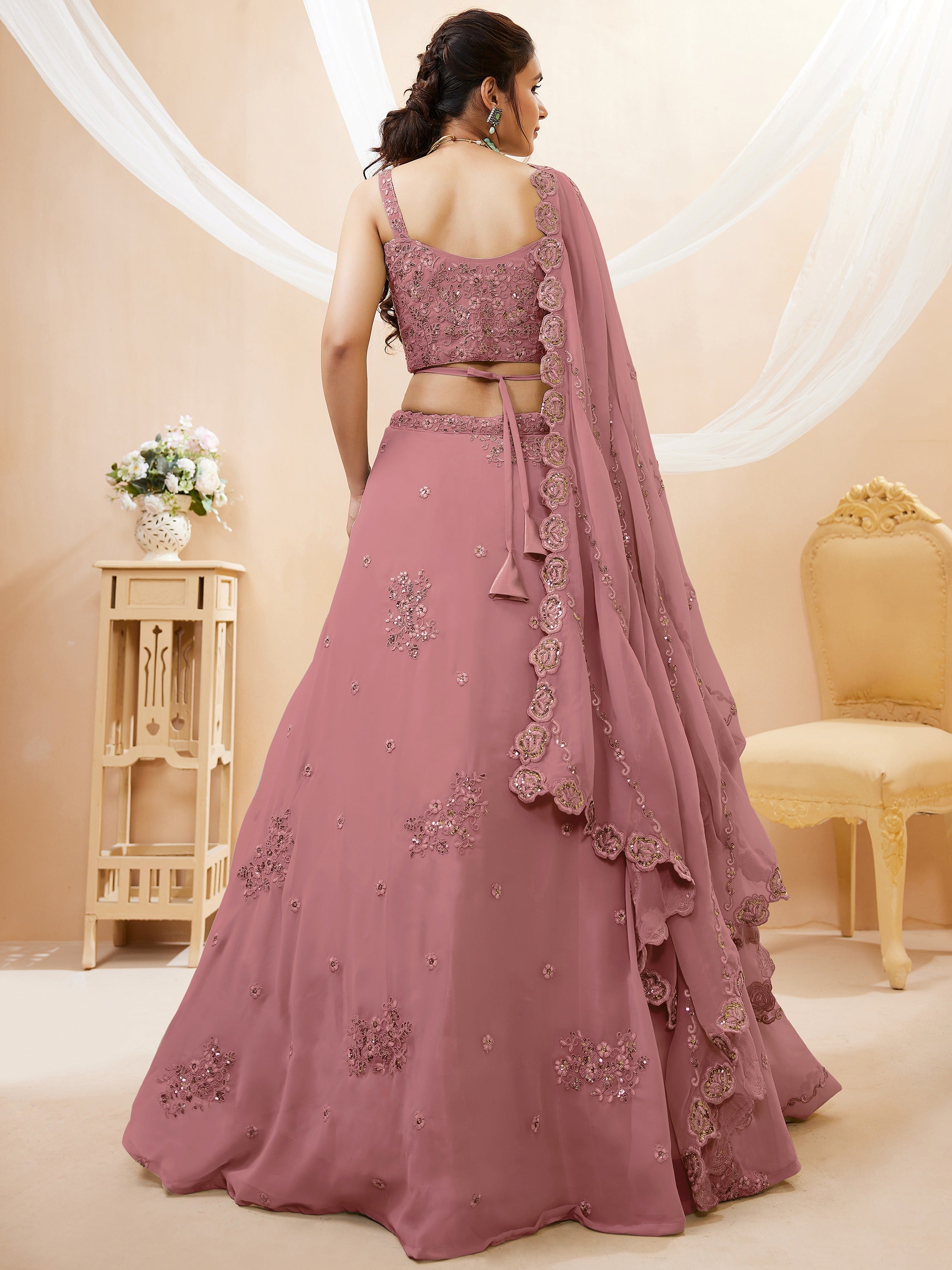 Amazing Pink Sequins Georgette Wedding Wear Plus Size Lehenga Choli