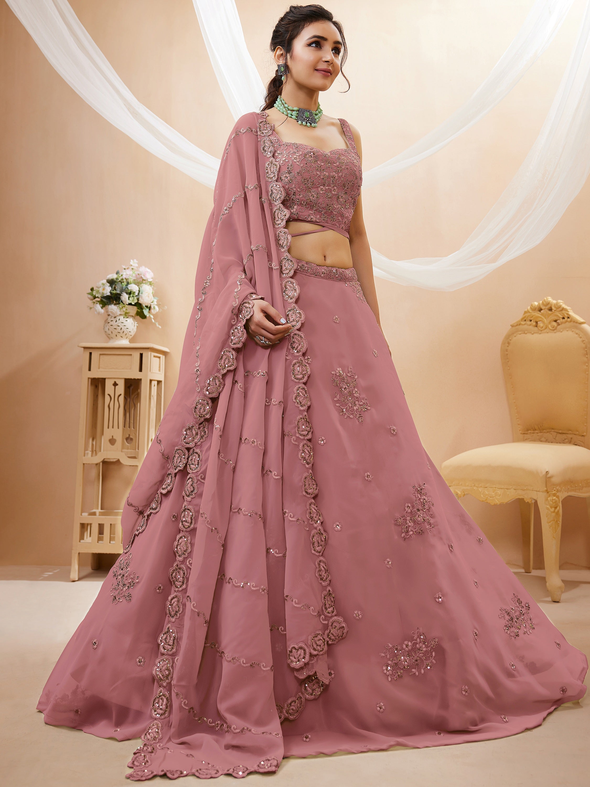 Amazing Pink Sequins Georgette Wedding Wear Plus Size Lehenga Choli