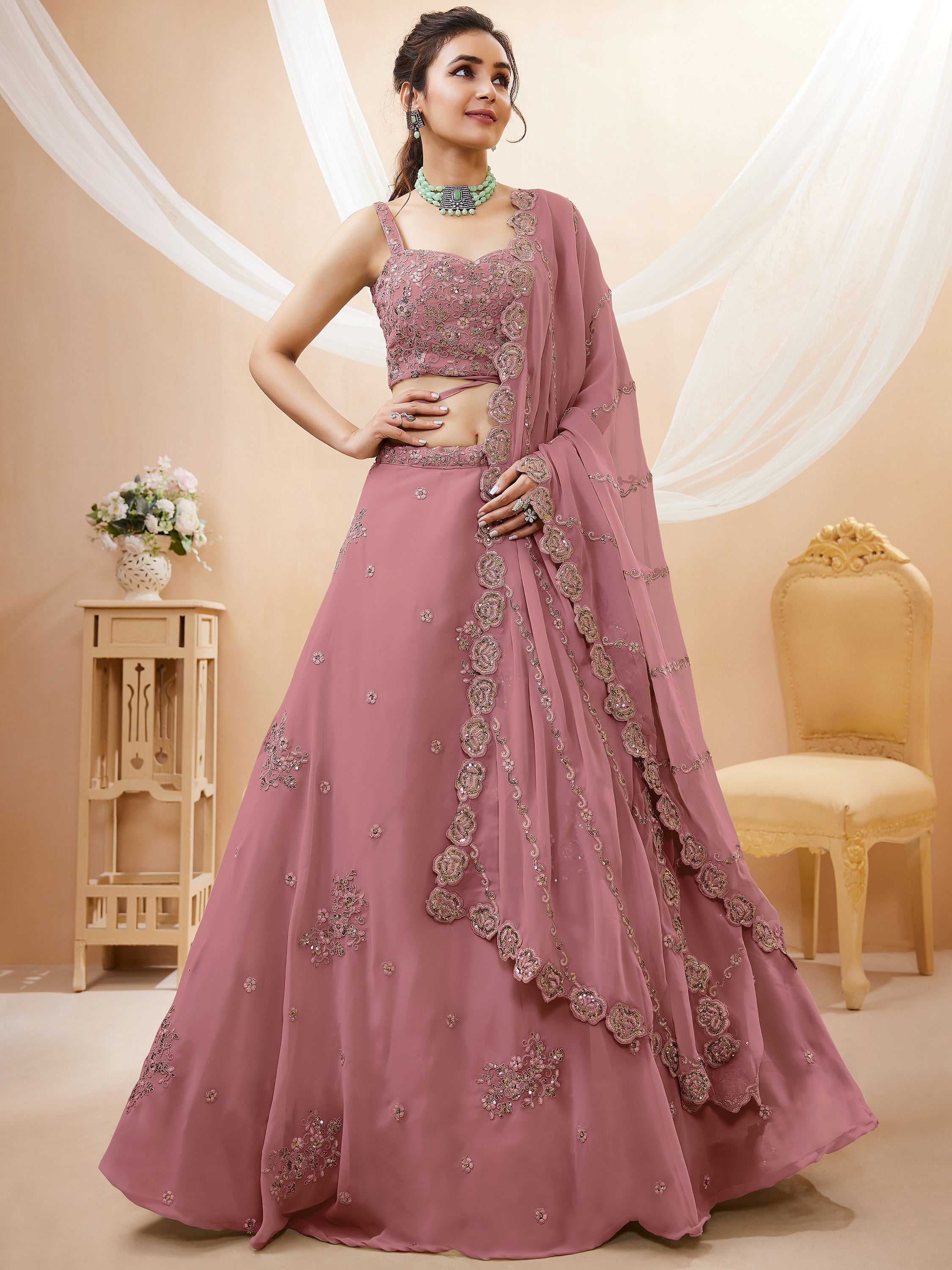 Amazing Pink Sequins Georgette Wedding Wear Plus Size Lehenga Choli