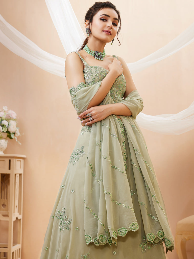 Gorgeous Green Sequins Georgette Festive Wear Plus Size Lehenga Choli