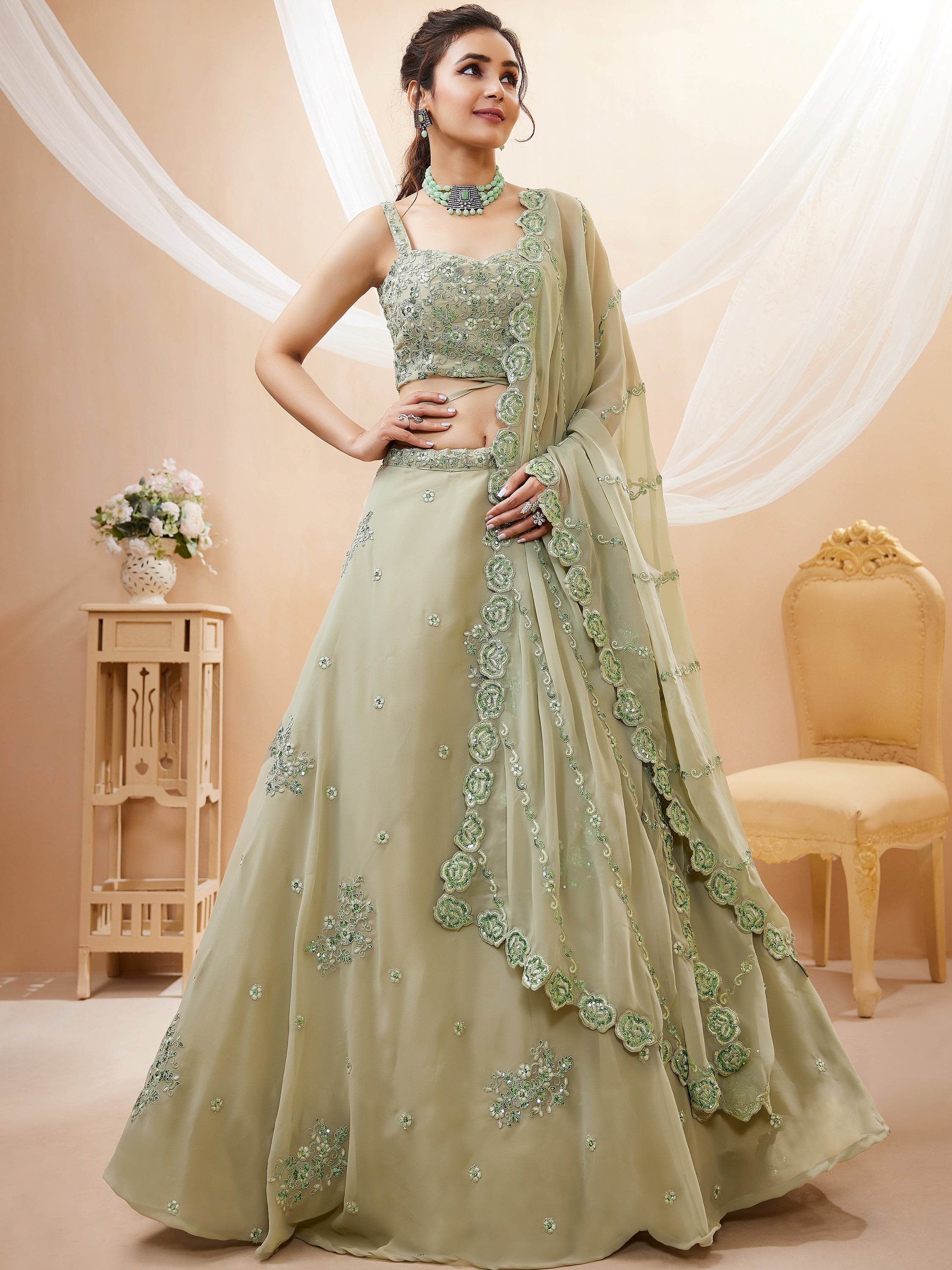 Gorgeous Green Sequins Georgette Festive Wear Plus Size Lehenga Choli