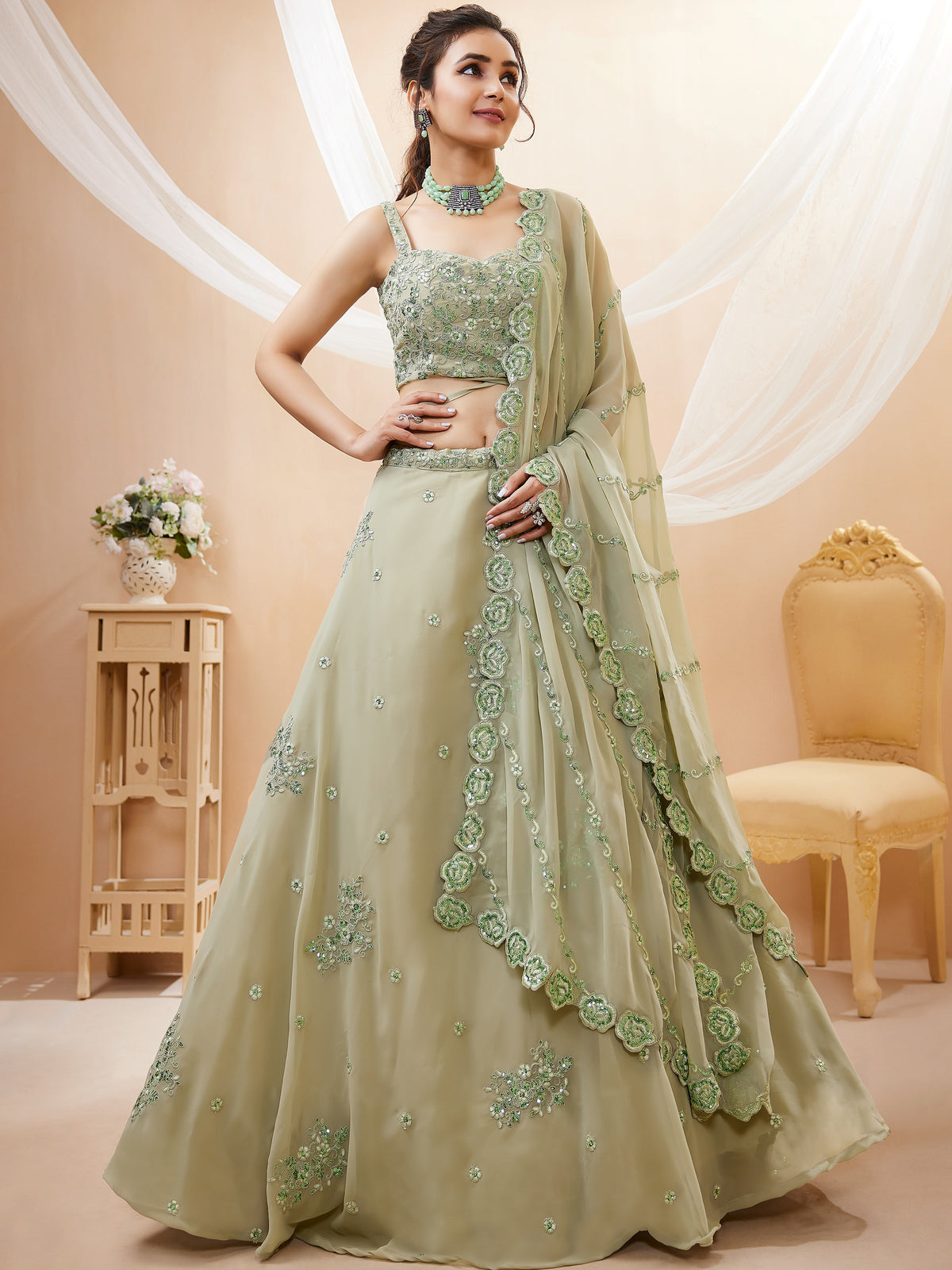 Gorgeous Green Sequins Georgette Festive Wear Plus Size Lehenga Choli