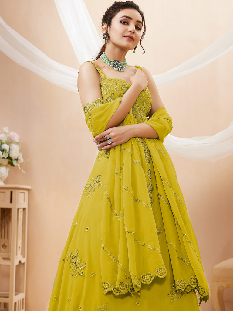 Awesome Yellow Sequins Georgette Haldi Wear Plus Size Lehenga Choli