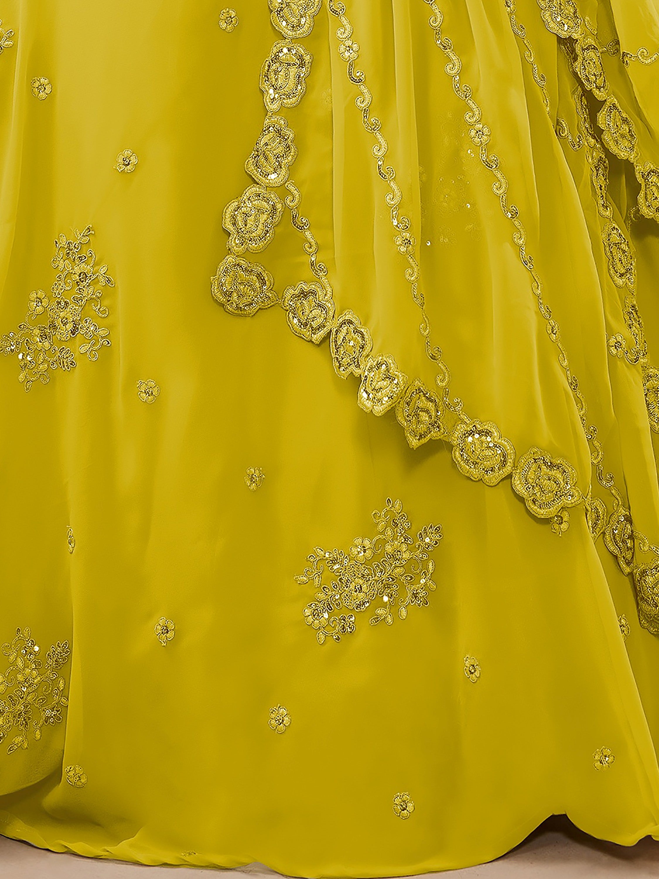 Awesome Yellow Sequins Georgette Haldi Wear Plus Size Lehenga Choli