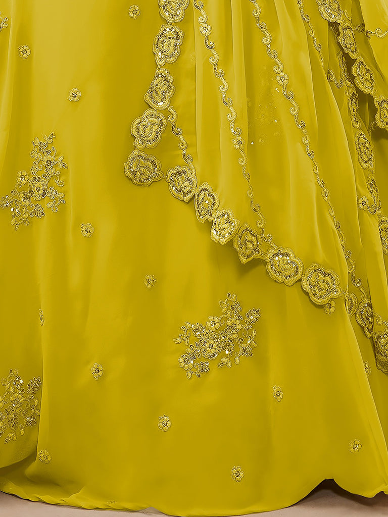 Awesome Yellow Sequins Georgette Haldi Wear Plus Size Lehenga Choli