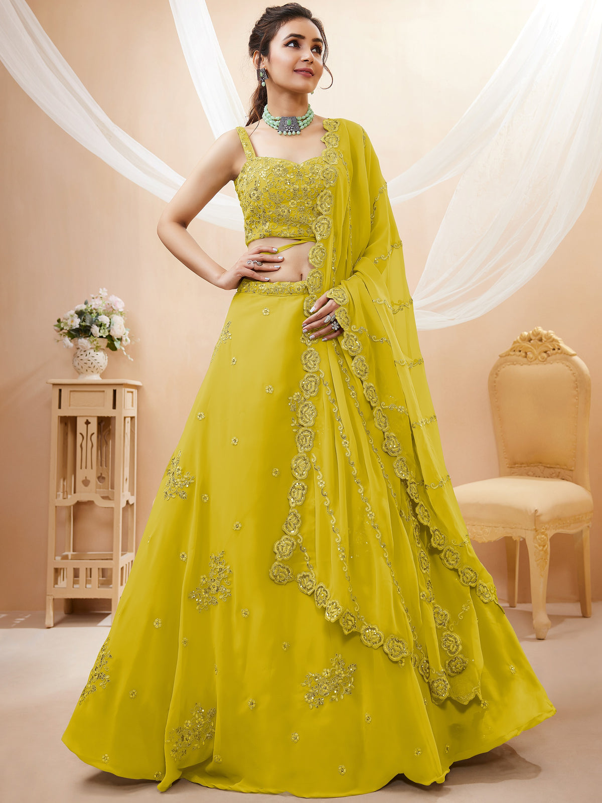 Awesome Yellow Sequins Georgette Haldi Wear Plus Size Lehenga Choli
