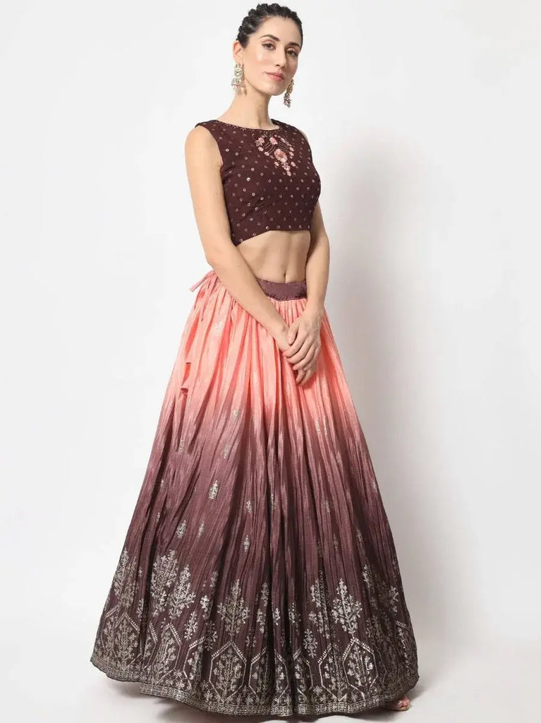 Tanned Brown Foil Printed Silk Festive Wear Lehenga Choli