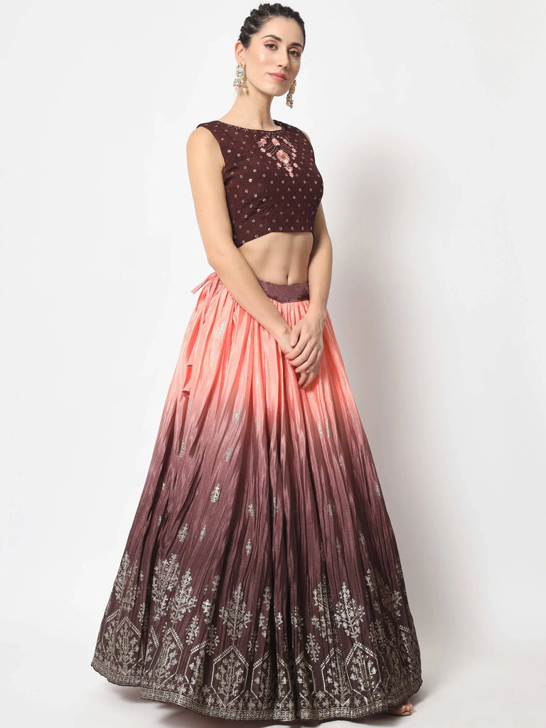 Tanned Brown Foil Printed Silk Festive Wear Lehenga Choli