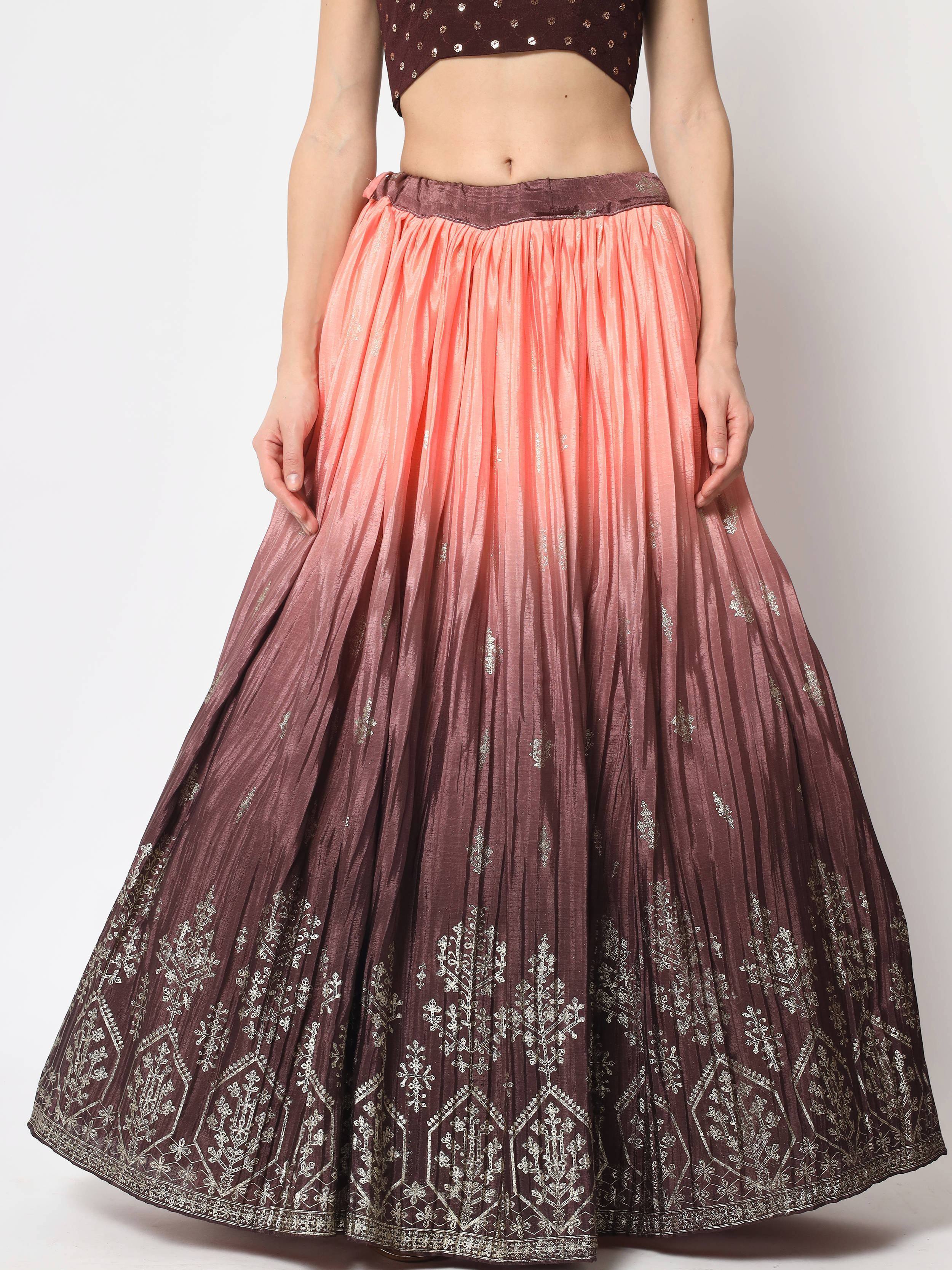 Tanned Brown Foil Printed Silk Festive Wear Lehenga Choli